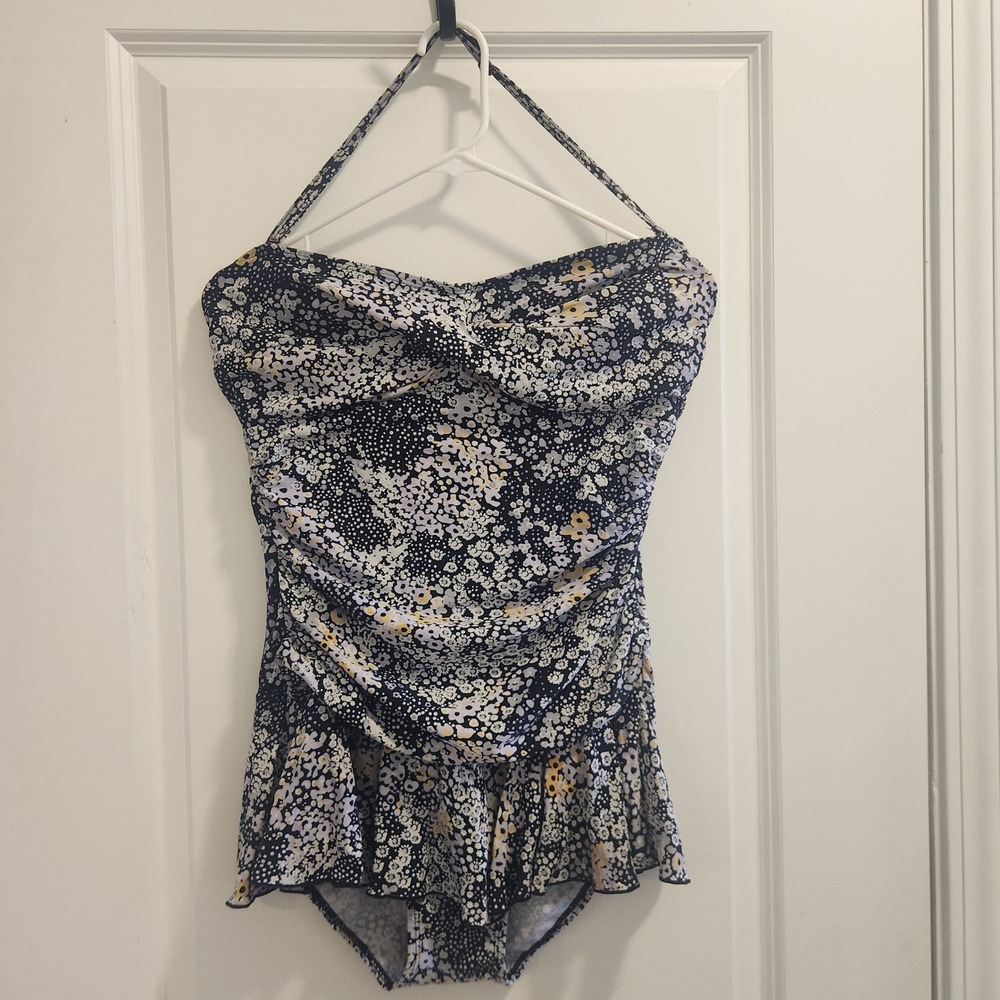 Shore Shapes Floral Polka Dot Swim Dress Navy White Halter Size 12